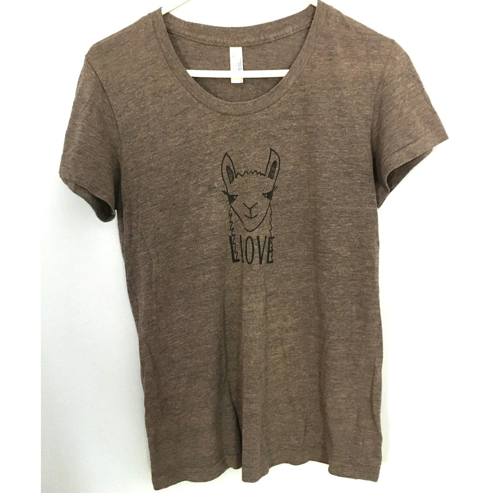 American Apparel Shirt Womens Large Heather‎ Brown Llama Love Graphic Made USA